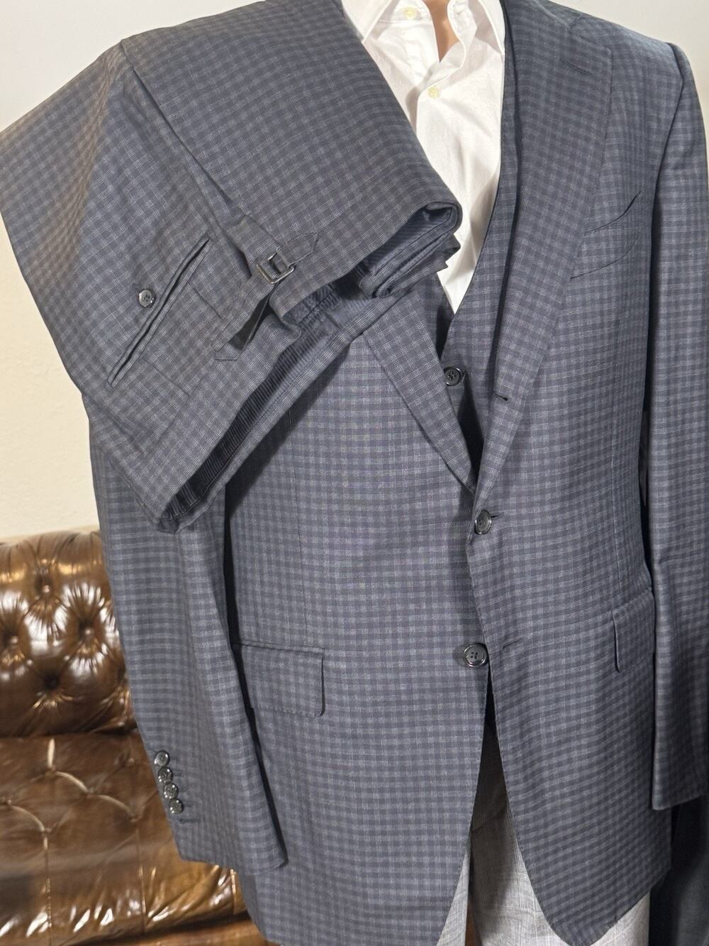 Tom Ford Navy Plaid Wool Mohair Silk 3 Piece Suit 54L 44L 37x32 Trousers